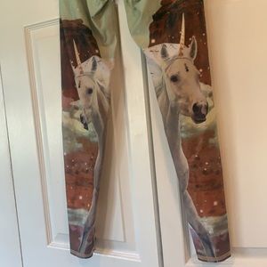 Teeki leggings Lg. Galaxy western themed w/unicorn horses at mtn base, p…